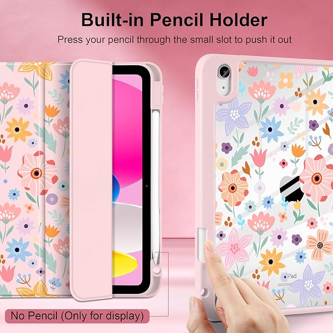 Case for iPad Air 11 inch M4 2026 M3 2025 M2 2024 Release with Pencil Holder Cute Patterns Trifold Cover with Clear Back Shell Magnetic Wake Sleep Design for Girls Women,Pink Flowers