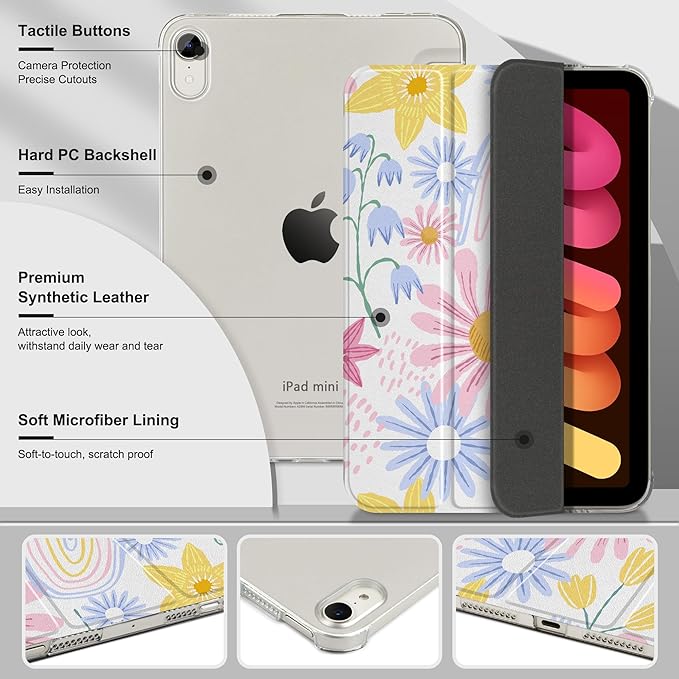 DONGKE for iPad mini 7 (A17 Pro) 2024 & iPad mini 6 2021 8.3 Inch, Slim Foldable Stand Hard PC Translucent Back Shell Smart Cover for iPad mini 7th/6th Generation [Auto Wake/Sleep] - Colorful Florals