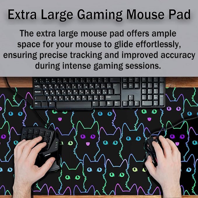 Big Mouse Pad Black Purple The Desk Pad Computer Mouse Pads Keyboard Pads Deskmat Waterproof Non-Slip Rubber Base 35.4" X 15.7" for Game Office, Cartoon Cat with Neon Lines Design
