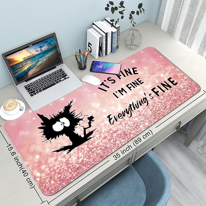 Desk Mat,Large Mouse Pad 35''×15.6'' XXL Extended Gaming Mouse Pad Mat with Non-Slip Base Stitched Eges Mousepad for Computer,Office,Keyboard and Laptop - Pink Cat