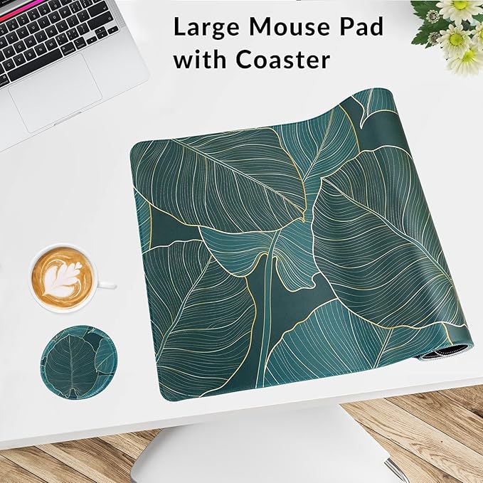 Large Gaming Mouse Pad with Coaster, Desk Matt for Desktop, Desk Pad, Mouse Pads Mat, Stitched Edges Big Extended Mousepad for Computer Keyboard Laptop Office Decor, 31.5'' x15.6''-Green Leaves2