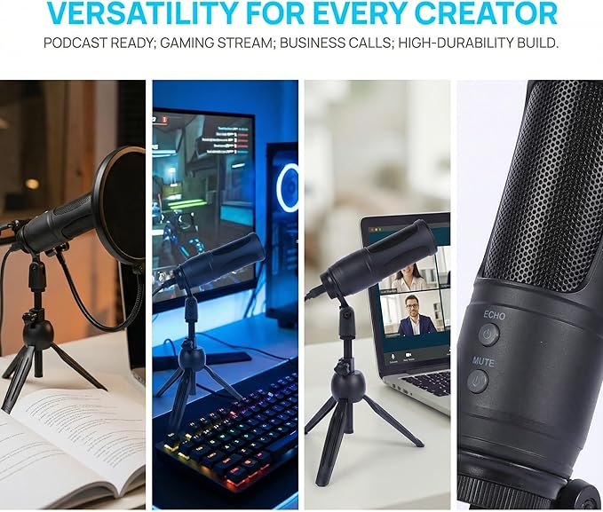 USB Condenser Microphone, Cardioid Condenser Mic with 20Hz–20kHz Frequency Response, Plug & Play USB 2.0 Interface, Compatible with Windows/Mac, Ideal for Podcasting, Recording Studio & Karaoke