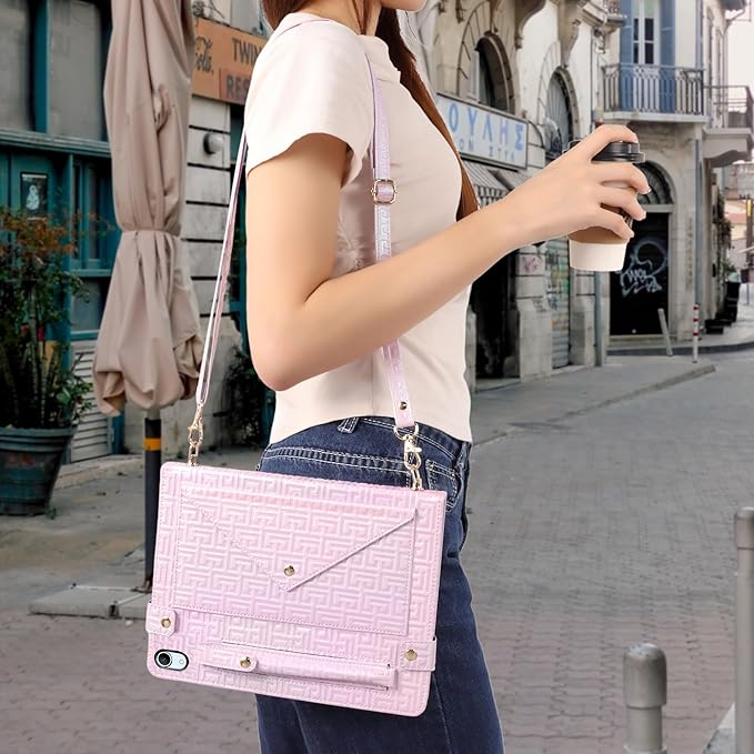 Shiny Case for iPad mini 7 2024/Mini 6th Gen Handbag Case, Techcircle Iridescent PU Leather Folio Envelope Pocket Stand Cover with Hand Strap+Shoulder Strap+Pencil Holder+Card Slots, Shiny Lilac