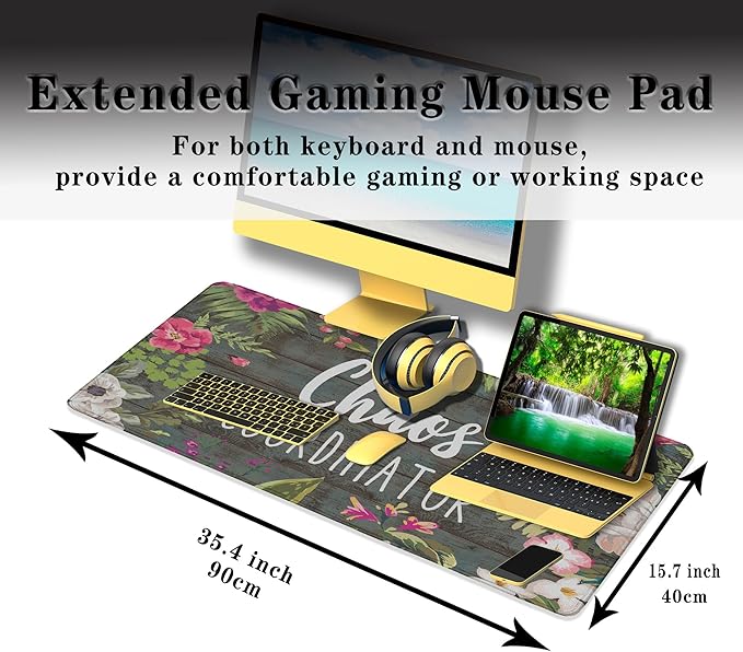 Keyboard Pad Floral Desktop Pad Big Mouse Pads XXL Mouse Pad Gaming Mouse Mat Waterproof Non-Slip Rubber Base 35.4 X 15.7 for Game Office, Chaos Coordinator Motivational Quote
