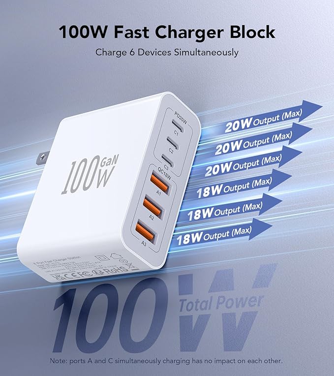 USB C Wall Charger, 100W 6-Port PD Fast USB C Charging Block,3USB C+3USB A Charging Station Hub Block Power Strip Adapter Plug Type C Cube Brick for iPhone 17/16/15/14/13/Pro Max,iPad,Samsung,Tablet
