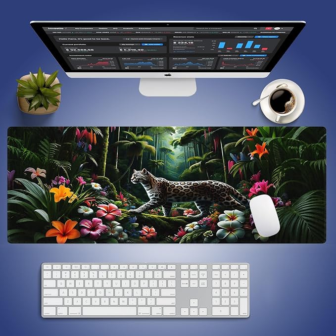 Extra Large Gaming Mouse Pad (31.5" x 11.8") with Durable Stitched Edges – Wild Leopard in a Lush Jungle Colorful Floral Rainforest Exotic Design, Anti-Slip Rubber Base Extended XXL Desk Mat
