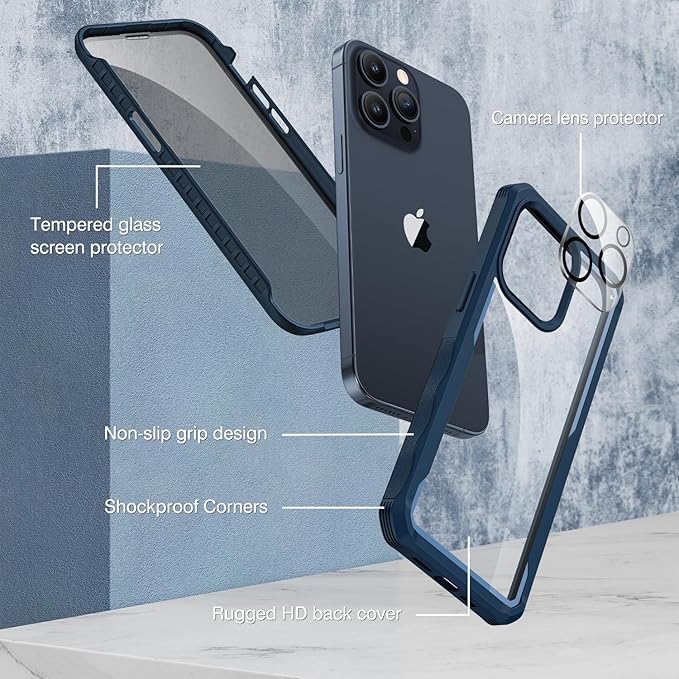 CENHUFO Privacy for iPhone 15 Pro Case, Full Body Phone Case with Built-in 9H Tempered Glass Privacy Screen Protector and Camera Lens Protector, Anti Peep Spy Shockproof Bumper Clear Cover - Blue
