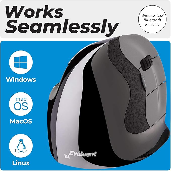Evoluent – Inventor of The Vertical Mouse – VMDSW Ergonomic Vertical Mouse Right Hand Small USB Wireless, Sculpted for Comfort, Reduces Wrist Strain, 4 Speeds, 6 Customizable Buttons in Windows