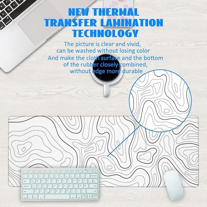Desk Mat, White Topographic Contour Map Extended Gaming Mouse Pad Large, 31.5"x11.8" Big Mouse Pad with Non-Slip Base and Stitched Edge, Long Computer Keyboard Mouse Mat for Home Office Work
