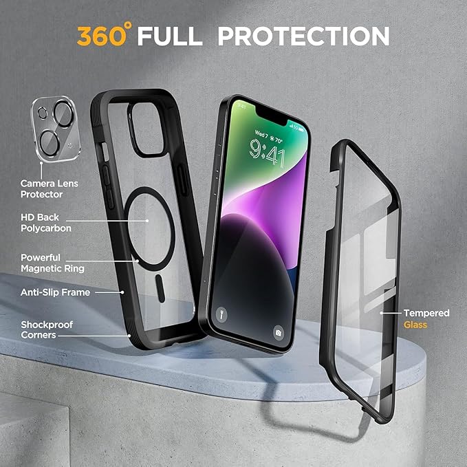 Miracase Glass Series Designed for iPhone 14 Plus Case 6.7 inch, Upgrade Full-Body Magnetic Clear Case with Built-in 9H Tempered Glass Screen Protector,Compatible with MagSafe, Black