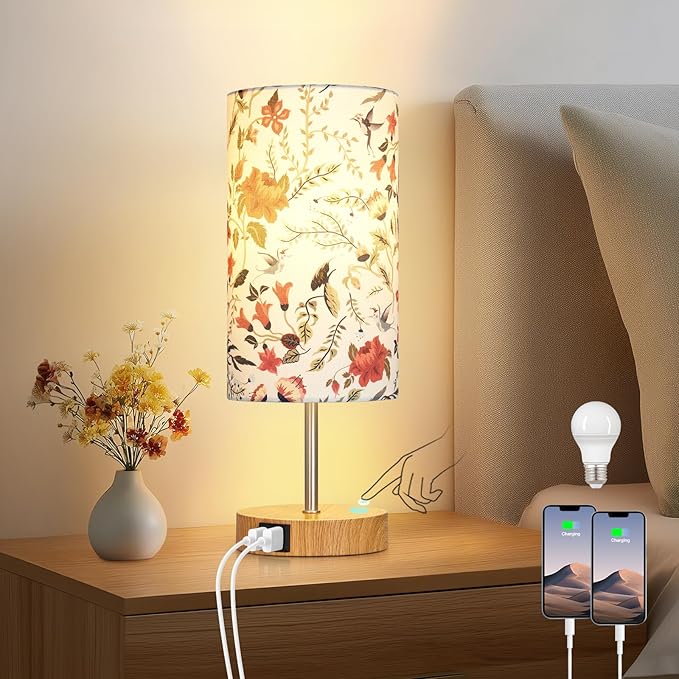 CINSARY Bedside Touch Lamp with Flower Fabric Shade, 3 Way Dimmable Wood Bedroom Lamp for Nightstand with 2 USB Charging Ports, Small Table Lamp for Living Room Reading Desk (LED Bulb Included)