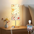 CINSARY Bedside Touch Lamp with Flower Fabric Shade, 3 Way Dimmable Wood Bedroom Lamp for Nightstand with 2 USB Charging Ports, Small Table Lamp for Living Room Reading Desk (LED Bulb Included)