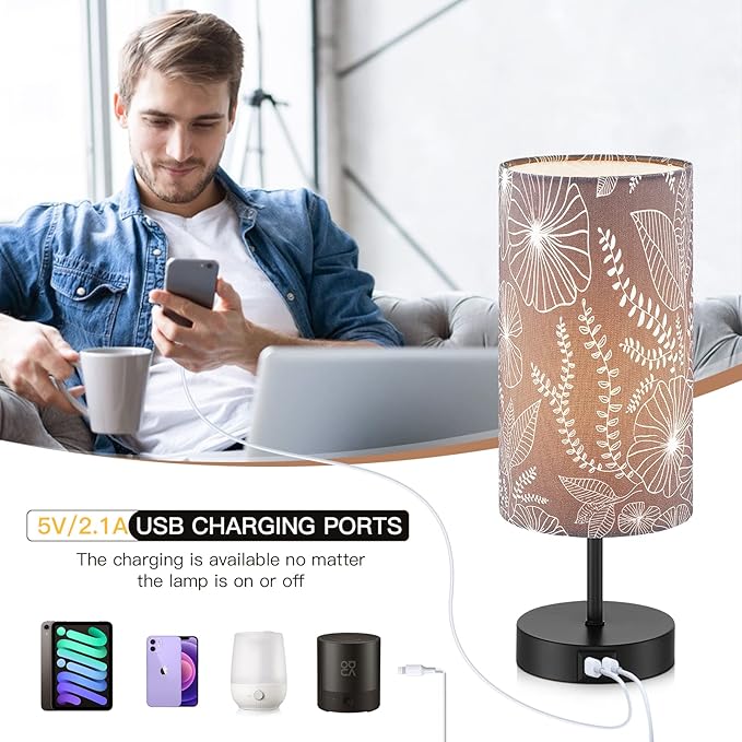CINSARY Touch Control Bedside Lamp with 2 USB Ports, 3-Way Dimmable Table lamp for Bedroom, Nightstand Lamp with Round Grey Fabric Shade for Living Room Home Office (E26 LED Bulb Included)