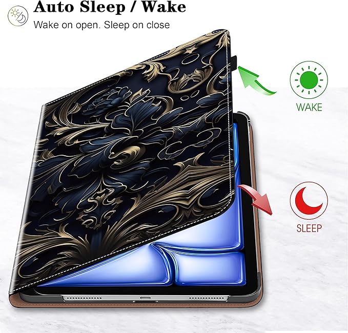 Case for iPad Air 13 inch M4 2026/M3 2025/M2 2024 with Pencil Holder & Card Slots & Auto Sleep, Embossed PU Leather Stand Magnetic Shockproof Cover Case for iPad Air 13 - Blue Flower