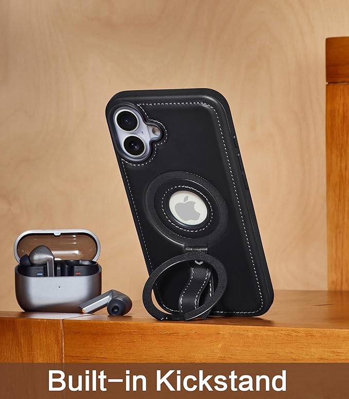 Butaiga for iPhone 16 Plus Leather Case with Stand, Anti-Slip Grip Ring, Fits for MagSafe (Black, iPhone 16 Plus)