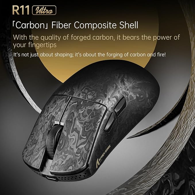 ATTACK SHARK R11 Ultra 8K Carbon Fiber Wireless Gaming Mouse with 42000 DPI-PAW3950 MAX Sensor-49g Lightweight,Nordic 52840 MCU Chip,Wired/BT/2.4Ghz Programmable,RGB Coiled Cable for PC Mac(Black Ink)