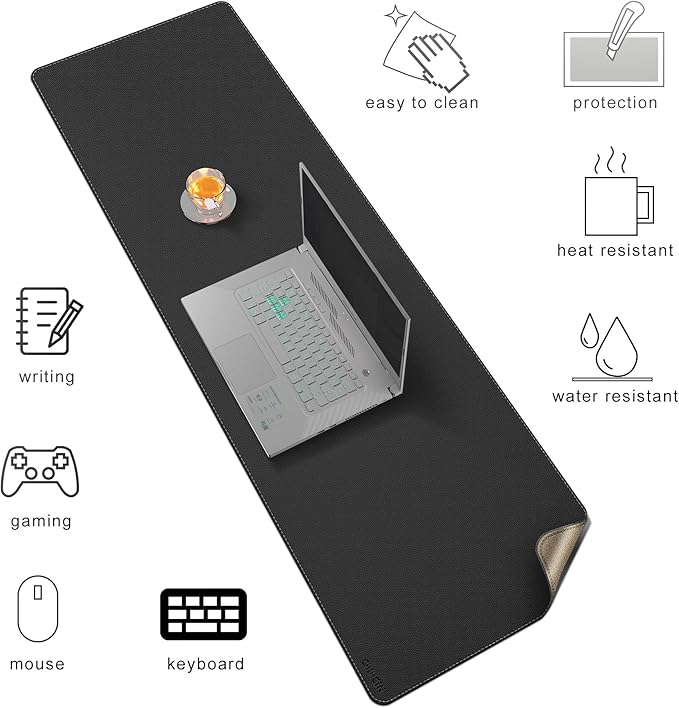 Chihein 51” x 16” Cork & PU Leather Desk Mat (Black) - Huge Mouse Pad, Double Sided Waterproof Desk Pad Protector for Gaming, Office, Home