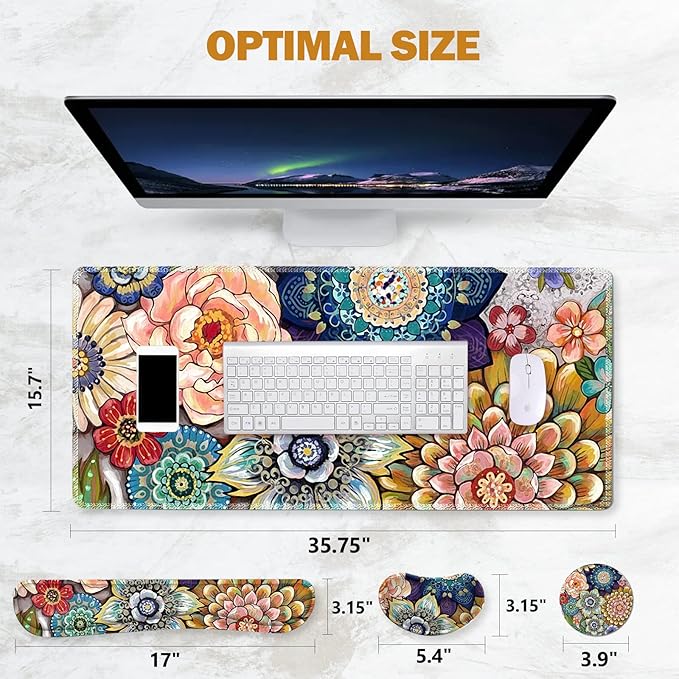 ToLuLu Extended Gaming Mouse Pad, Memory Foam Ergonomic Keyboard Mouse Wrist Rest Support Set, Large Desk Mat with Stitched Edges, Non-Slip Base Mousepad for Home Office Game, Colorful Flower