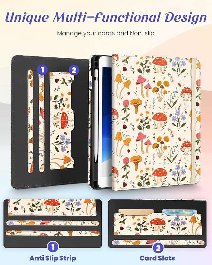 Kidcube for iPad Air 3rd Generation Case/Pro 10.5 Inch Case - Women Girls Kids Cute Rotating Stand Folio Cover with Pencil Holder & Card Slot Mushroom Flowers Design Cover for iPad Pro 10.5''/Air 3rd
