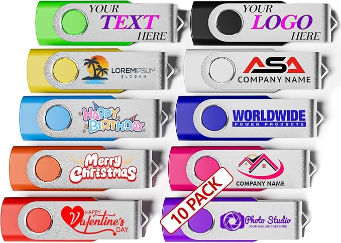 Custom USB 3.0 Personalized Flash Drive 16GB, 10Pcs High-Speed Memory Sticks with Printed Logo/Text, Bulk Promotional Thumb Drives for Company AD/Education/Wedding/Corporate Events