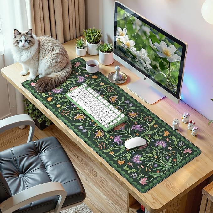 iLeadon Desk Mat for Keyboard and Mouse, Large Floral Computer Cover Mats with Smooth Lycra Surface,Full Desk Mouse Pad for Laptop,Keyboard Mat for Office,Home, Dark Green