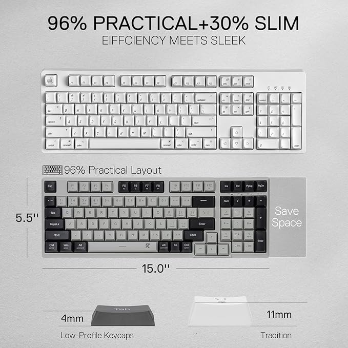 Redragon BK7114 Low-Profile Wireless Computer Keyboard, 98 Keys Slim Office PC Scissors Mechanism Keyboard w/ 2.4G BT Wireless Connection, Tactile Quiet Keystroke, Mixed Color Keycaps