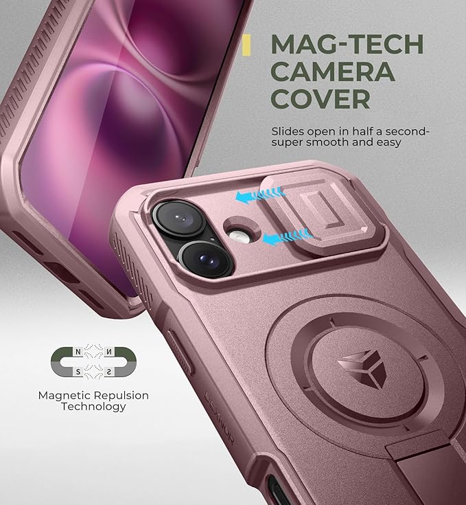 Dexnor for iPhone 16 Plus Case with Slide Camera Cover&Adjustable Kickstand & Built-in Screen Protector,Compatible with MagSafe Shockproof Bumper Cases Heavy-Duty Magnetic Protective Cover,Peony Pink