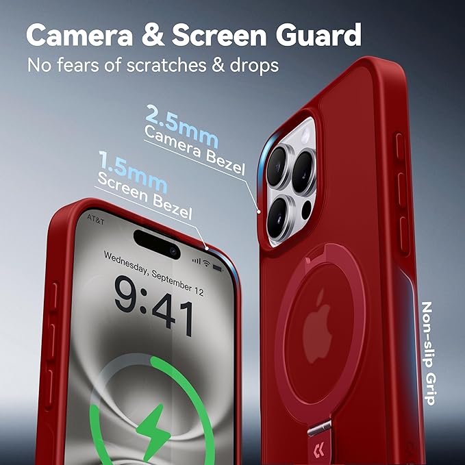 CASEKOO Ultra-Magnetic Stand for iPhone 16 Pro Case [Military Drop Protection] [Compatible with MagSafe] Shockproof Translucent Matte Slim Ring Holder Case for iPhone 16 Pro 6.3", Red