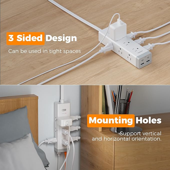 TESSAN Surge Protector Power Strip PD 20W, Ultra Thin Flat Plug 10 FT Extension Cord, 9 Outlets 4 USB(2 USB C), 1050J Protection Multiple Outlets Charging Station for Home, Office, College Dorm Room