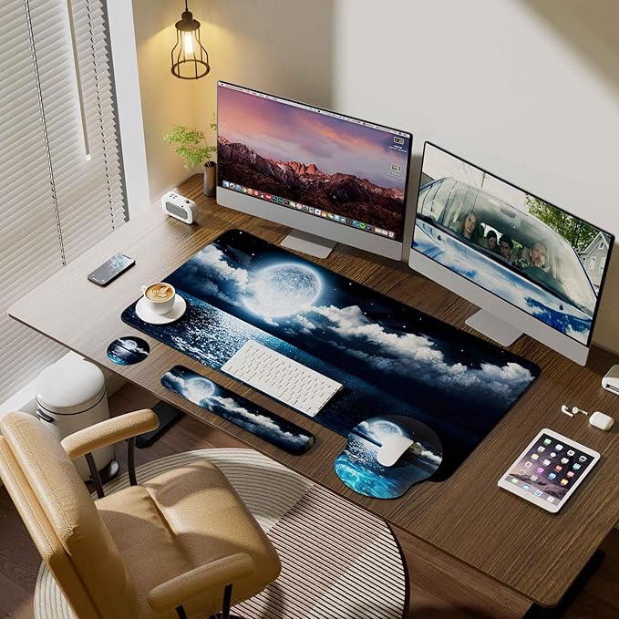 Desk Mat Set + Keyboard and Mouse Pad with Wrist Rest Support,4-in-1 Large Mousepad Computer Mats for Desktop Home & Office-Night Moon