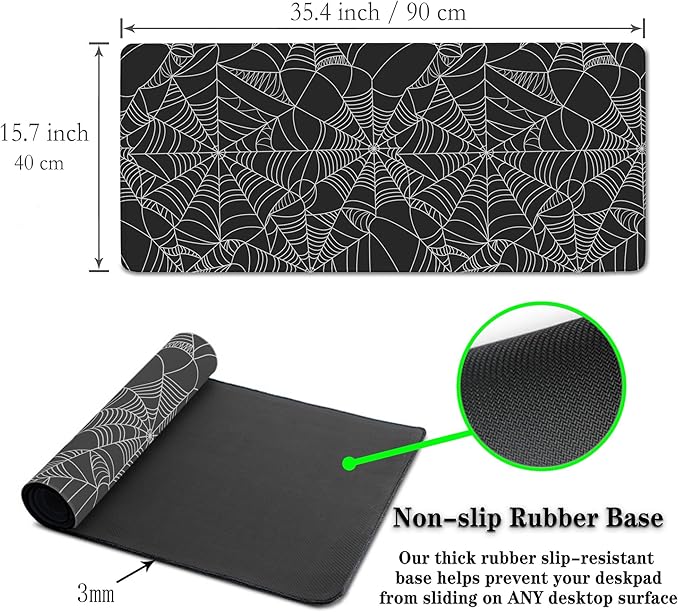 Gaming Mat Black Long Mousepad, Desktop Pad Big Mouse Pads Desk Mouse Pad, Computer Pad Non-Slip Rubber Base Waterproof with Stitched Edges, 35.4" X 15.7" Spider Web
