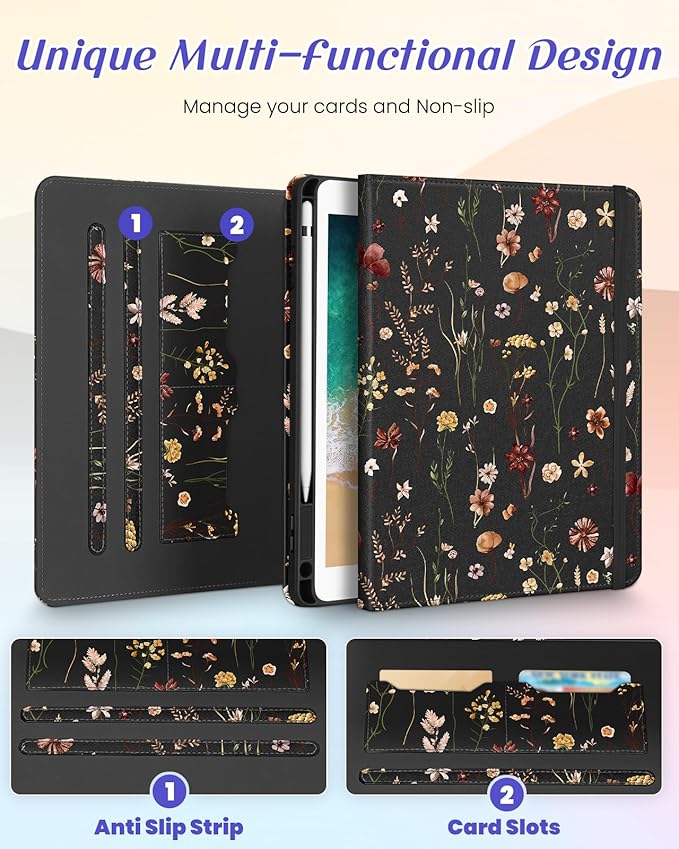 Kidcube for iPad 5th Generation Case 2017/Air 1st 2013/Pro 9.7 Inch Case 2016 - Women Girls Kids Cute Rotating Stand Folio Cover with Pencil Holder & Card Slot Girly Flowers Floral Unique Design Cover
