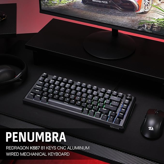 Redragon K687 Wired CNC Gasket Gaming Keyboard, 81 Keys Mechanical Keyboard w/Premium CNC Aluminum Board, Easy-Control Knob, 5-Layer Noise Dampening, Custom Linear Switch