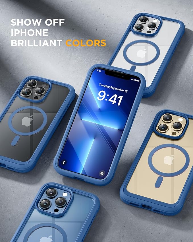 Miracase Magnetic for iPhone 13 Pro Max Case 6.7 inch, (Compatible with MagSafe) Upgrade Full-Body Clear Phone Bumper Case with Built-in 9H Tempered Glass Screen Protector, Magnetic Capri Blue