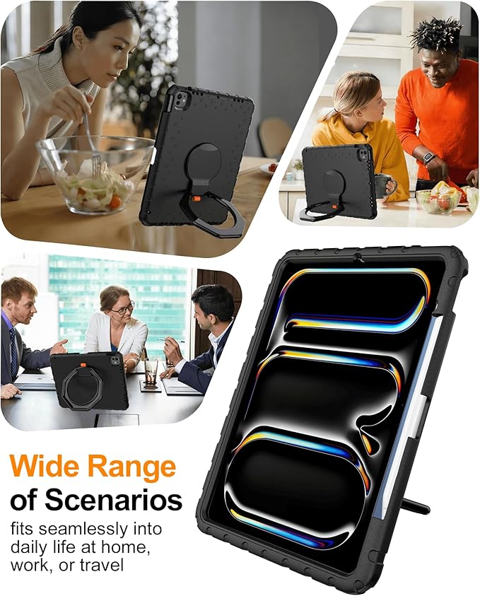 for iPad Air 13 Inch Case (M4 2026 / M3 2025 / M2 2024), Heavy Duty EVA Protective Cover with Magnetic Charging Pencil Holder, 360° Rotating Stand, for Kids, Work & Travel, Black