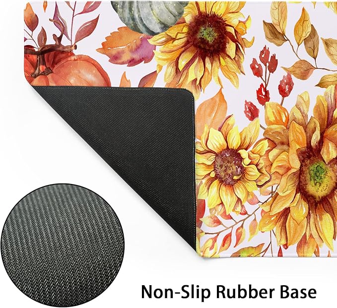 Fall Pumpkin Sunflowers Mouse Pad XL Watercolor Retro Autumn Leaves Floral Extended Desk Mat Non-Slip Rubber Base Stitched Edge Large XL Thanksgiving Mousepad for Desk Gaming Laptop,31.5×11.8 in