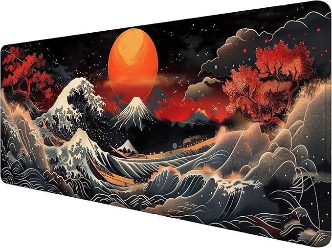 Japanese Waves Gaming Mouse Pad Watercolor Waves Mousepad XL Large Gaming Mouse Pad Laptop Keyboard Mat Desk Pad 31.5"x11.8" Office Home Decor for Women Girl