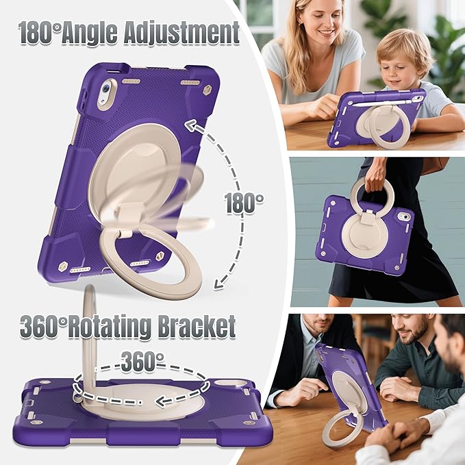 Andnary Case for iPad (A16) 11th /10th Generation 11/10.9 Inch 2025/2022 with Screen Protector/360° Rotate Stand/Shoulder Strap/Pencil Holder, Shockproof iPad 11th/10th Gen Cover (Purple+White)