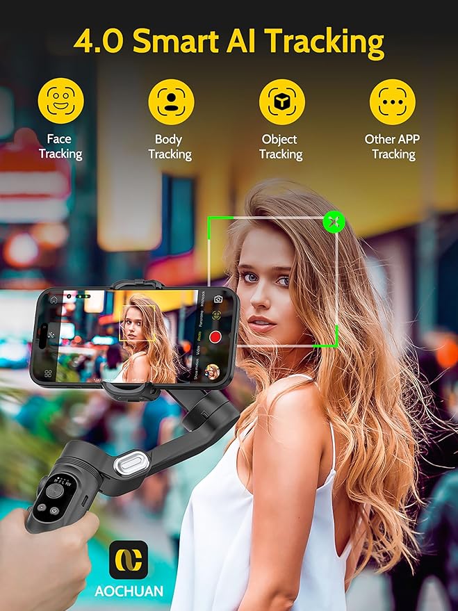 AOCHUAN 3-axis Phone Gimbal Stabilizer for iPhone 15/14/13 Pro Max Android w/Face Tracking,1/4"Threads,Built-in Fill Light, Portable Smartphone Gimbal Video Recording for TikTok,YouTube-Smart X Black