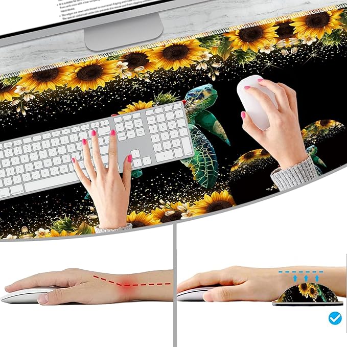 Extended Non-Slip Mouse Pad + Mouse Wrist Rest + Lace-Shaped Coaster Set, Ergonomic Design, Suitable for Desk and Home Gaming Table Mat, Starry Night and Turtle Sunflowers