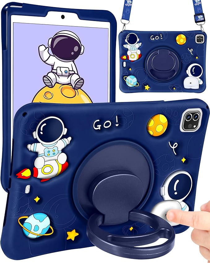 Wazzasoft for iPad Air 5th/4th Generation Case/Pro 11 Case Boys Cute Astronaut Cover Kawaii 3D Cartoon Spacemen with Rotating Handle Stand+Strap Silicone Funda for Apple iPad Air Cases 5/4 Gen, Pro 11