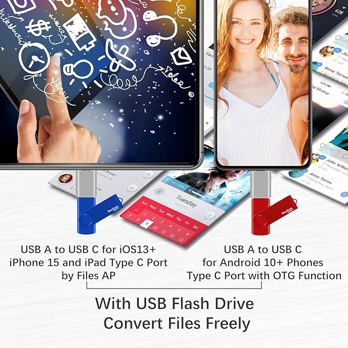 2 Pack 32GB USB 2.0 Flash Drive and 1 USB C Adapter, Thumb Drive USB Memory Stick Jump Drive, Compatible with OTG Type C Phones, Tablets, Laptop, PC (Blue, Red)