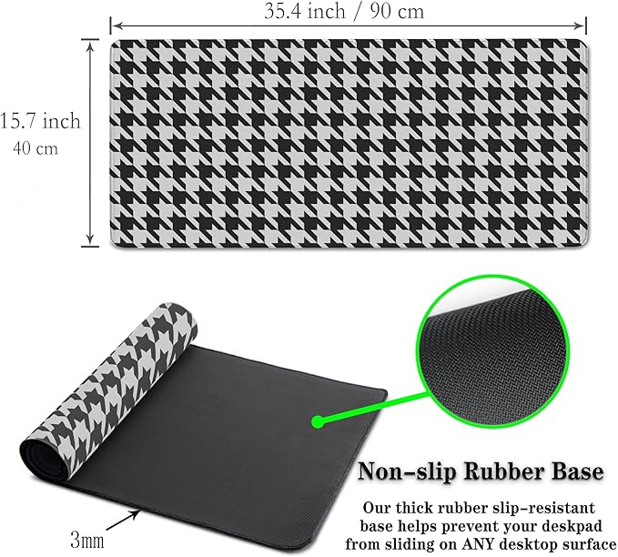 Gaming Mousepad Black and White Desk Mat for Desk Big Mouse Pads Keyboard Pad Home Office Decor Waterproof Non-Slip Rubber Base 35.4" X 15.7" for Game Office, Houndstooth Pattern