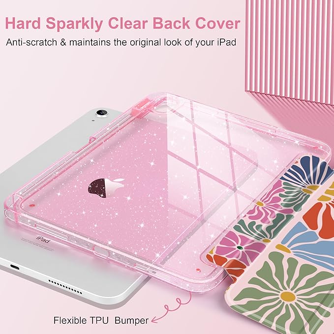 DONGKE for iPad Pro 11 inch Case – Fits M5 2025 / M4 2024, Shockproof Sparkling Glitter Acrylic Back, Pencil Holder, Trifold Stand, Auto Sleep/Wake & Touch ID Support - Colorful Florals
