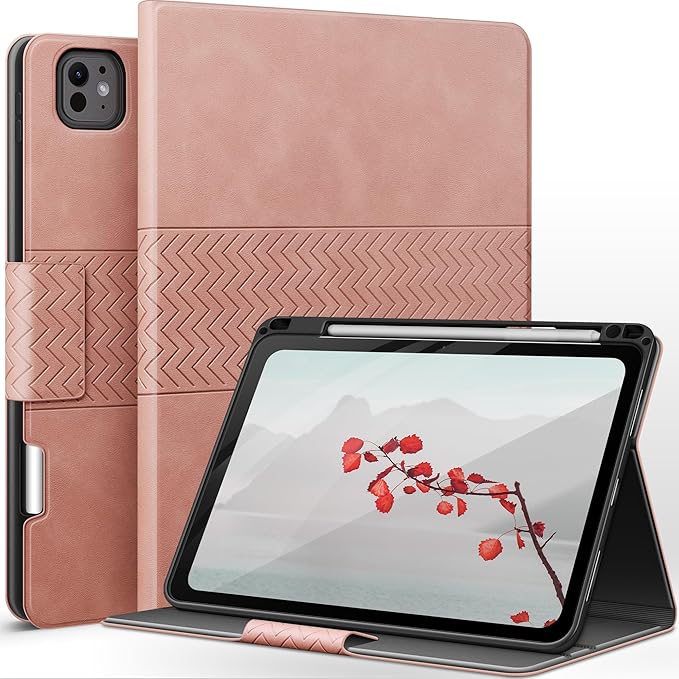 auaua Case for iPad Pro 11 Inch (M5/M4) 2025/2024, PU Leather Case with Pencil Holder, Supports Pencil Pro and Pencil(USB-C), Adjustable Angles, Auto Sleep/Wake (Pink)