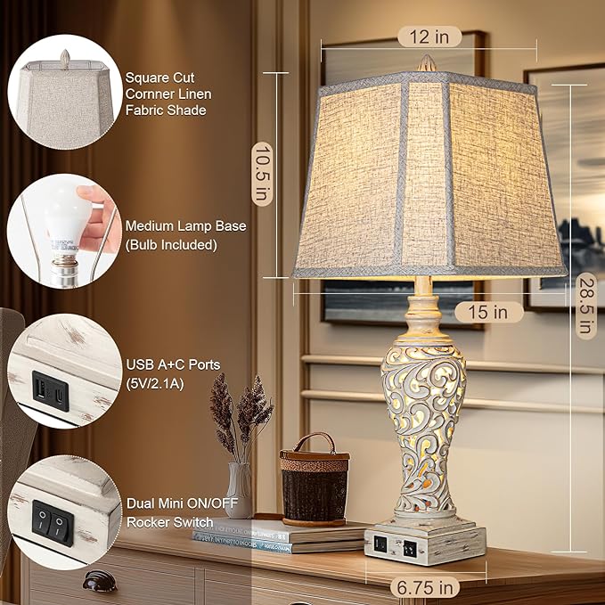 LuxSight Collection 28.5" Table Lamps Set of 2 - Bedside Lamp with Fabric Shades - for Bedroom and Living Room with USB and Nightlight - Perfect for Nightstands and Bedrooms