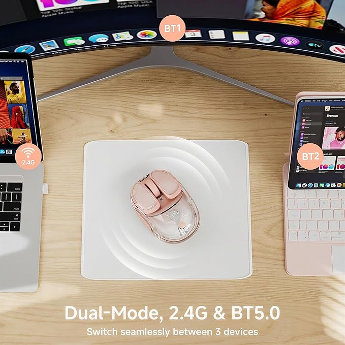 SEUNKWANG EWEADN Q9 Wireless Clear Mouse Dual Mode Bluetooth & 2.4G USB Computer Mouse with RGB Lighting, Silent Clicks, Multi-Device Compatibility for Laptop, PC, MacBook, iPad Cute Mouses-Gradient