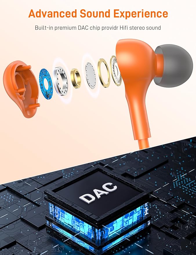 iMangoo for Apple USB C Wired Headphones, Hi-Fi Sound Corded Earbuds, Ergonomic Small in Ear Buds for iPhone 17 Pro Max/17e/16 Plus/16e/15, for Samsung S26/S25 Ultra/for Pixel Type C Earphones Orange