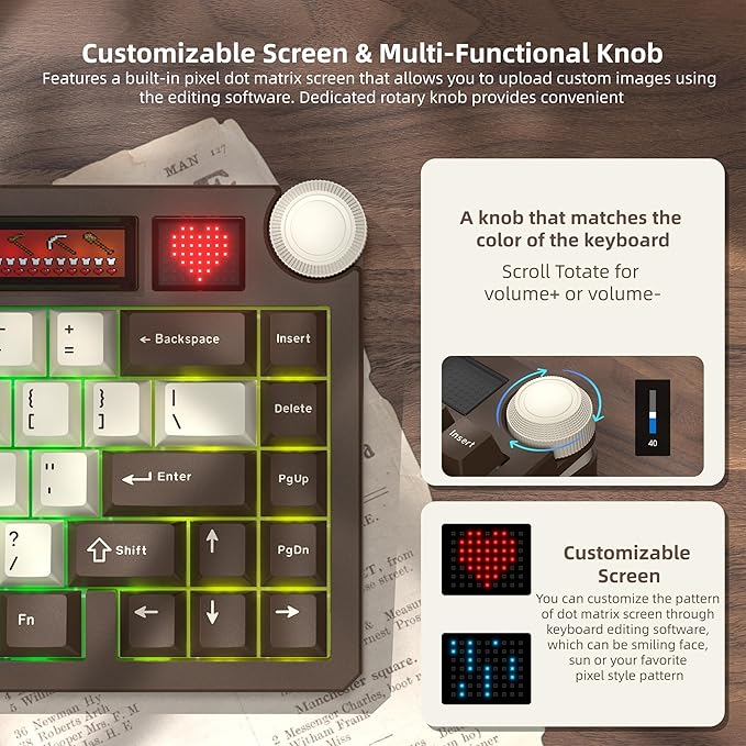Womier 75% Wireless Mechanical Keyboard with Screen and Knob, Retro Creamy Bluetooth Gaming Keyboard Custom Clear Anime Light Box, RGB/Hot Swappable/PBT Keycaps, VIA Programmable for Mac/PC, K80 Brown