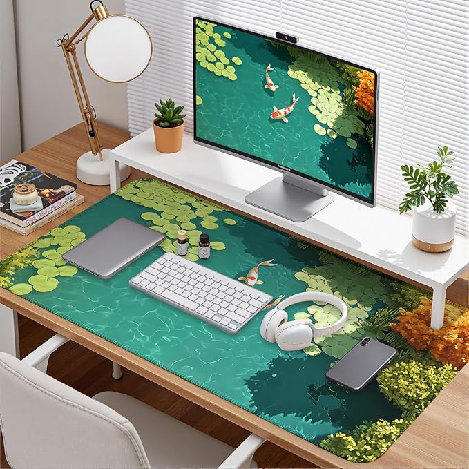Japanese Koi Fish Desk Mat Pad XXL Large Lofi Serene Pond Playmat Gaming Mouse Pad Desktop Mat for Office,Computer,Keyboard,Laptop and Home 31.5 X 15.7inch